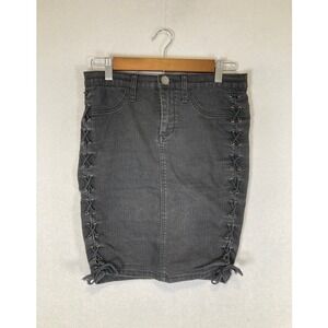 Edgy Grunge London Jean Women 2 Black Lace Up Side Denim Mini Skirt Faded Goth
